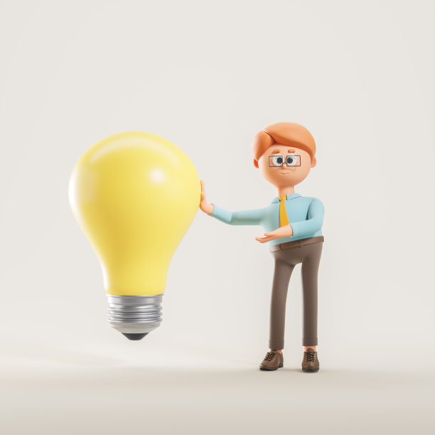 3 d渲染。卡通人指着一个大灯泡，提出了一个新主意图片下载