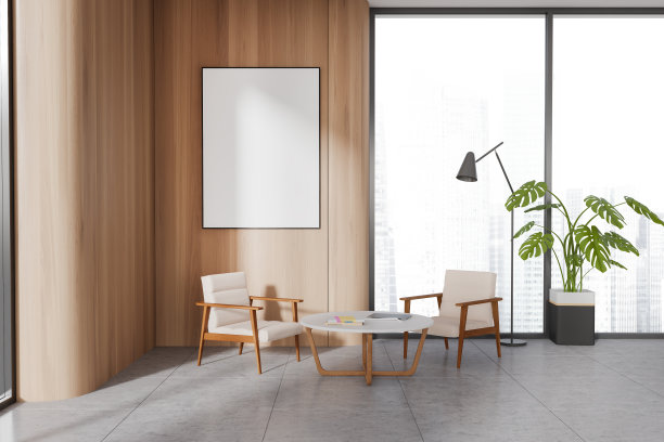 木制的办公室候诊室，有扶手椅和海报图片下载