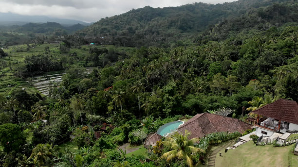 鸟瞰热带丛林中的私人豪华别墅，周围有山脉、火山和稻田。从上往下看，阳光明媚的日子里，热带森林的绿色植物。图片下载