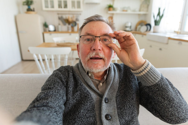 快乐的中年老人与朋友和家人视频通话。笑成熟的老爷爷有乐趣与成年儿童在网上交谈。头像自拍网络摄像头视图。图片下载