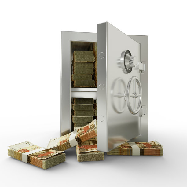钢保险柜里装着成捆的巴基斯坦卢比。在白色背景上隔离的金属保险库里的钱堆的3D渲染，金融保护概念，金融安全。图片下载
