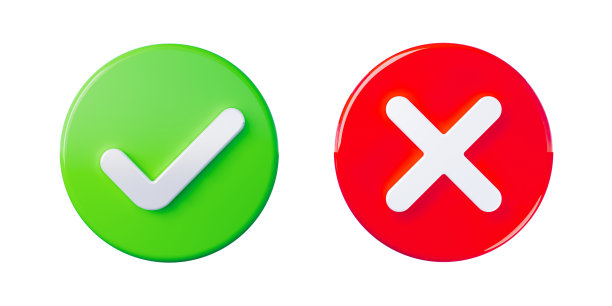 正确和错误的3D图标，接受和拒绝的概念。红色和绿色圆形图标按钮与一个复选标记和交叉。三维演示图片下载