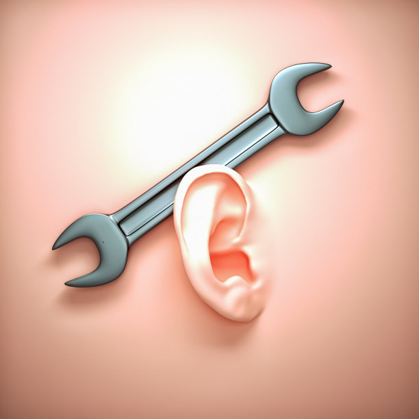 一只耳朵用扳手挂在墙上的超现实形象。图片下载