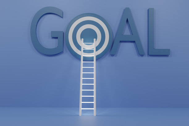 蓝色和白色的成就写的目标标志，通过楼梯台阶发射3d渲染插图图片下载
