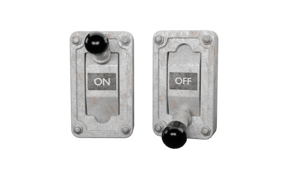 一个生锈的两个老式杠杆的特写，一个是开的，另一个是关的，墙上3d渲染插图，白色背景。图片下载