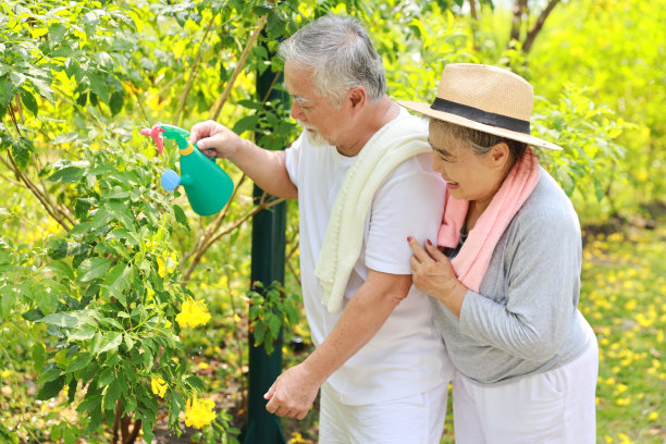 亚洲老年夫妇在退休后的阳光明媚的日子里，在花园后院悠闲地拥抱在一起，一边给花草浇水，一边笑着。快乐老年人户外生活理念。图片下载