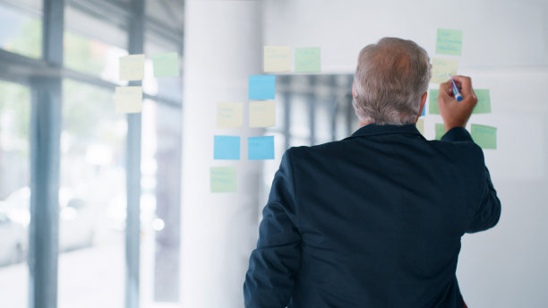 便利贴，写作和高级商务策划，头脑风暴和销售创新工作。玻璃板的营销策略和公司ceo思考广告成功的思路图片下载