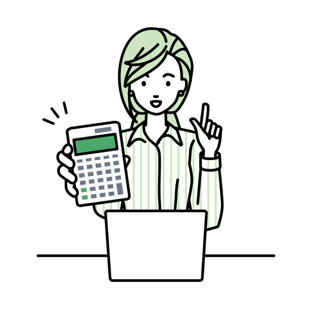 一个穿着衬衫的工作风格的女人在笔记本电脑前微笑着推荐、提议、展示估算和指着计算器图片下载