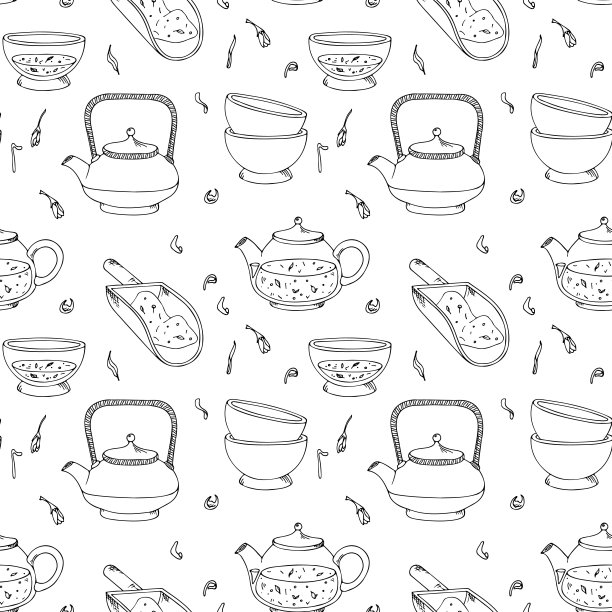 无缝矢量图案与茶派对主题。日本茶道装置。 茶壶用来冲泡，杯子和茶叶用来泡茶。涂鸦风格的插图。图片下载