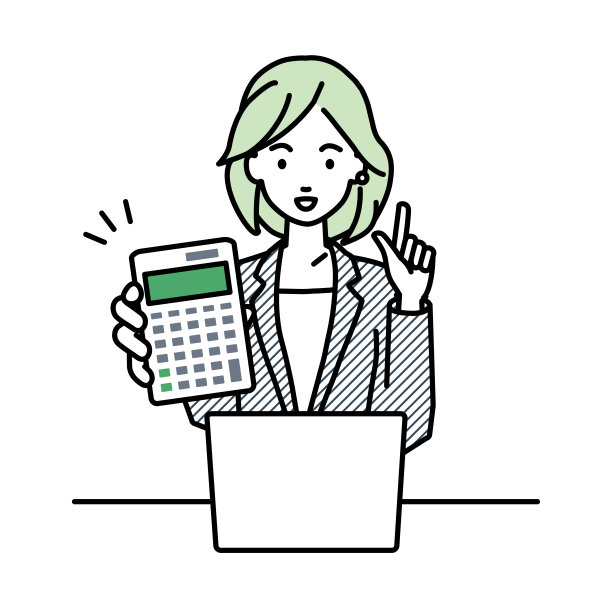 一个穿着西装的女人在笔记本电脑前微笑着推荐、提议、展示估算和指着计算器图片下载