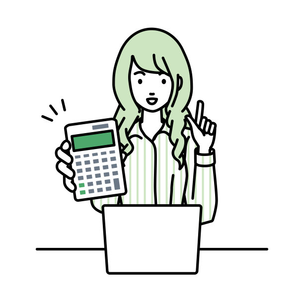 一个穿着衬衫的工作风格的女人在笔记本电脑前微笑着推荐、提议、展示估算和指着计算器图片下载