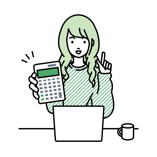 一个穿着休闲风格的女人在笔记本电脑前微笑着推荐、求婚、展示和指着计算器图片下载