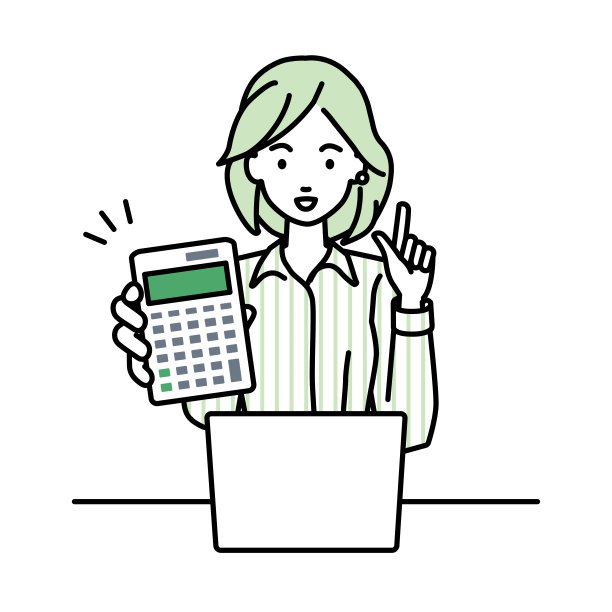 一个穿着衬衫的工作风格的女人在笔记本电脑前微笑着推荐、提议、展示估算和指着计算器图片下载