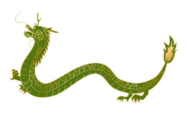 用金线绘制的绿色横龙的全身插图。图片下载