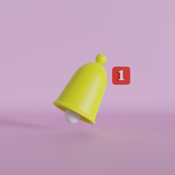 3D黄色钟图标用于紫色背景渲染插图的通知声音。图片下载