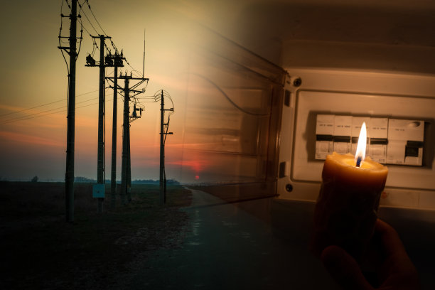 停电，电线杆在黑暗的天空，停电-没有电，蜡烛的火焰，断路器，电源插座插头图片下载