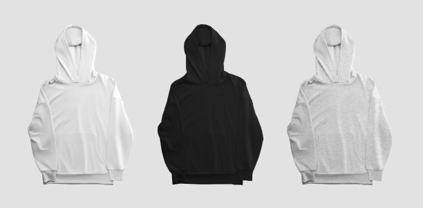 白色，黑色，石南帽衫，前视图，运动衫与折叠兜帽的介绍，孤立的背景，设置图片下载