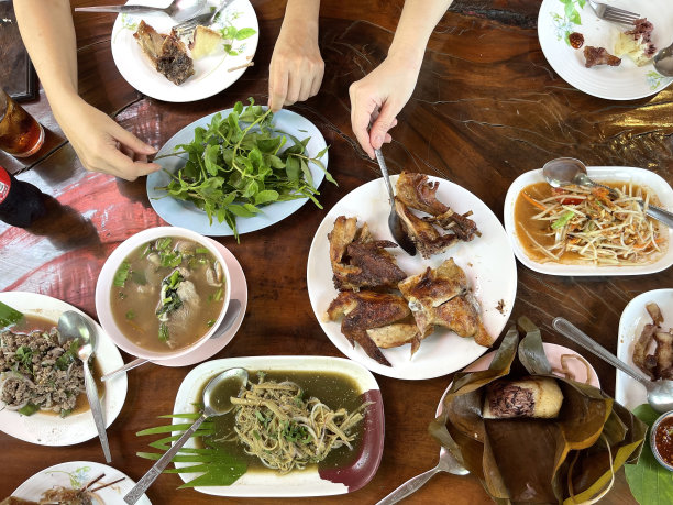 集泰国东北部著名的街头小吃，木瓜沙拉，烤鸡，猪肉烧烤与新鲜蔬菜和糯米饭图片下载