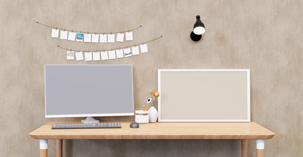 办公桌，白色的办公室房间极简风格的电脑文具和宽阔的张贴它和灯宽阔的粘贴笔记3D插图图片下载