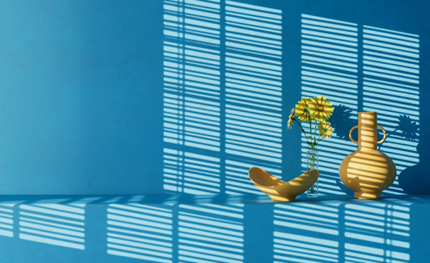 室内房间3D渲染静物花瓶，碗和雏菊花和投射的窗户阴影图片下载