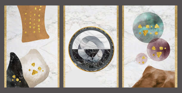 3d插图帆布墙海报背景壁纸。金色、橙色、白色的大理石形状，以及金色的圆点和球体。内墙家居装饰图片下载