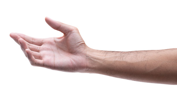 男性伸出手，准备帮助或接受。手势孤立在白色背景上。图片下载