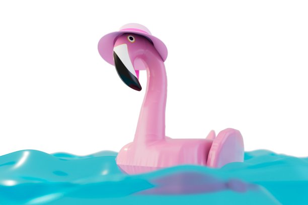 粉红色的圆形火烈鸟漂浮在水面上。三维渲染图片下载