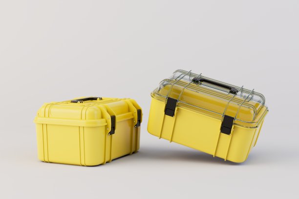 两个黄色的工具箱在柔和的背景。三维渲染图片下载
