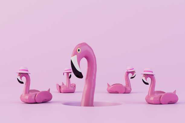 粉红色火烈鸟充气环在柔和的背景。三维渲染图片下载