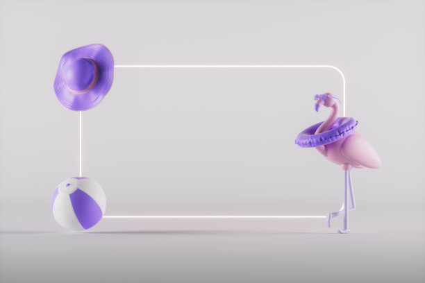 霓虹灯框架与充气火烈鸟在白色背景最小的夏季旅游度假概念图片下载