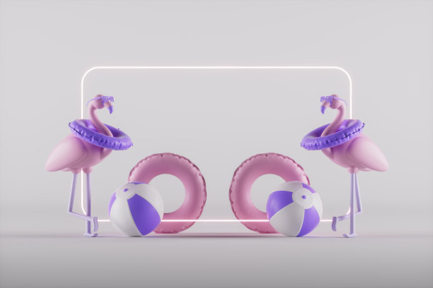 霓虹灯框架与充气火烈鸟在白色背景最小的夏季旅游度假概念图片下载