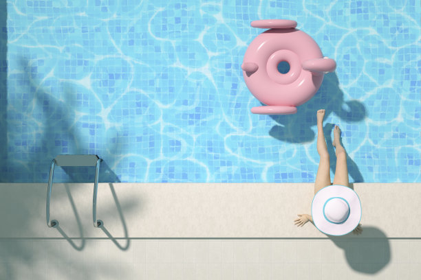 鸟瞰图，女子坐在泳池上，暑假背景图片下载