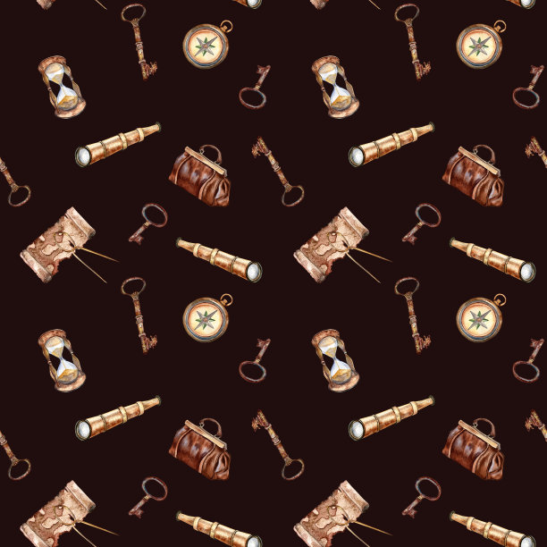 冒险项目复古风格的水彩无缝图案孤立的黑色。指南针，望远镜，地图，手提包，沙漏手绘。设计元素为男孩的印花，纺织品，壁纸，背景图片下载