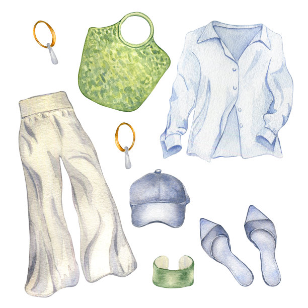 一套女子的夏季服装水彩插图孤立的白色。女人的时尚服装衬衫，裤子，包手绘。设计商店，销售，杂志，包装，展示，图案图片下载
