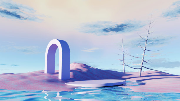 超现实的粉彩景观背景与几何形状，抽象梦幻的沙漠沙丘在调味景观与拱门，全景，未来的场景与复制空间，蓝天和多云图片下载