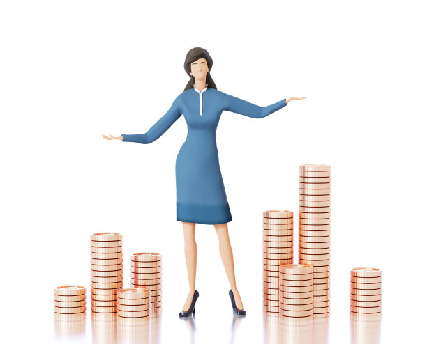 年轻的职业女商人呆在硬币堆旁边。专业成长，事业和个人成功的概念3D渲染插图图片下载