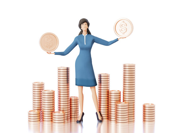 年轻的职业女商人呆在硬币堆旁边。专业成长，事业和个人成功的概念3D渲染插图图片下载