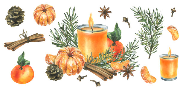 用橘子、蜡烛、糖果和松枝装饰圣诞节。水彩插图，手绘。祝贺你，祝你节日快乐。白色背景上的一组孤立的物体图片下载