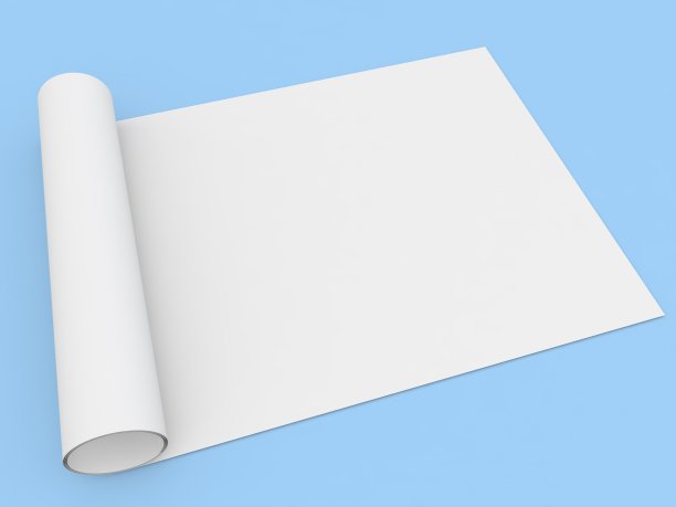 蓝色背景的A4大小的白纸卷起来。图片下载