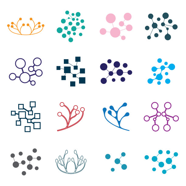 神经元标志或神经细胞标志设计，分子标志插图模板图标与矢量概念图片下载