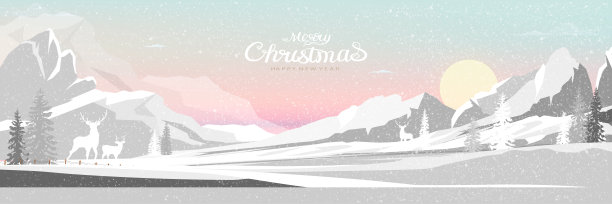 圣诞背景与森林中的鹿。冬季森林景观与驯鹿，雪落在山上在早晨日出的天空，向量卡通冬季仙境为圣诞假期，2014年新年贺卡图片下载