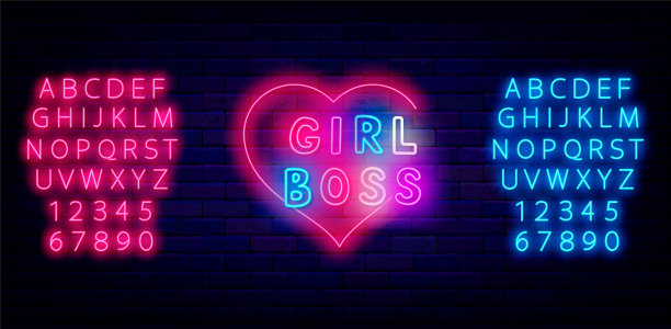 Girl Boss霓虹灯标签。心形框架。女性力量星座。主要标志。矢量股票插图图片下载
