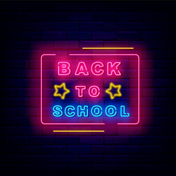 回到学校的霓虹灯标签。几何粉红色框架与星星。欢迎来到概念学校。矢量股票插图图片下载