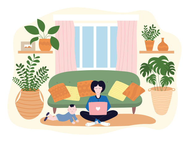 带着孩子在家工作的女人图片下载