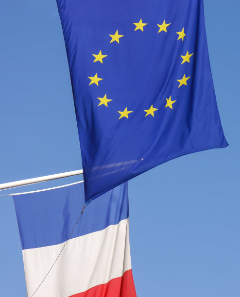 低角度看欧盟旗帜对晴朗的蓝天图片下载