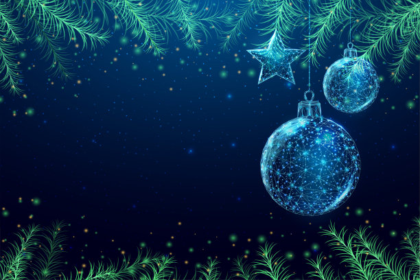 圣诞树的树枝，低矮的多边形造型。横幅的概念，圣诞节或新年，并有一个地方铭文。蓝色背景上抽象的现代矢量插图图片下载