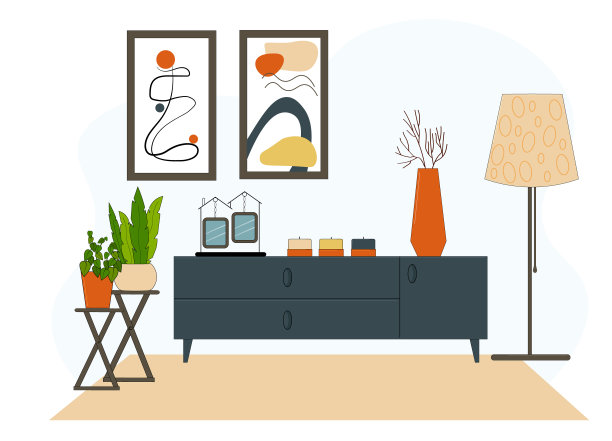 客厅室内设计。柜子上放着花瓶和蜡烛，落地灯和花架。图片下载