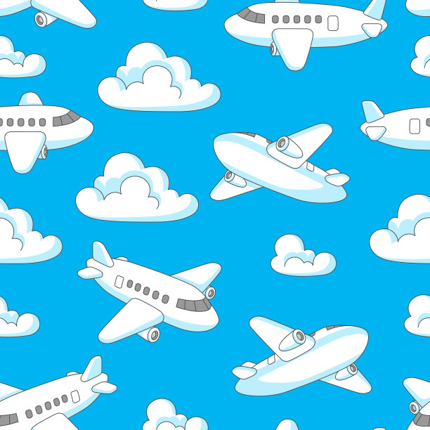 飞机和云的图案。旅游插画和旅游背景。图片下载