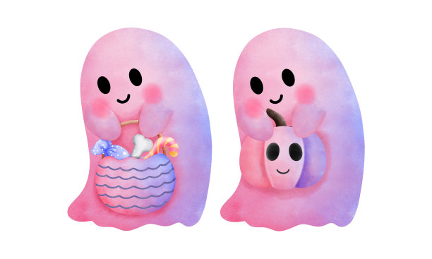 水彩粉红色婴儿鬼与南瓜和篮子剪贴画。万圣节婴儿粉红色鬼插图孤立在白色背景。图片下载