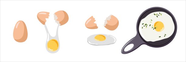 早餐做炒蛋。烹饪过程。传统健康蛋白食品成分。在白色背景上分离出病媒食品成分。平面设计的菜单，咖啡馆，烹饪课图片下载
